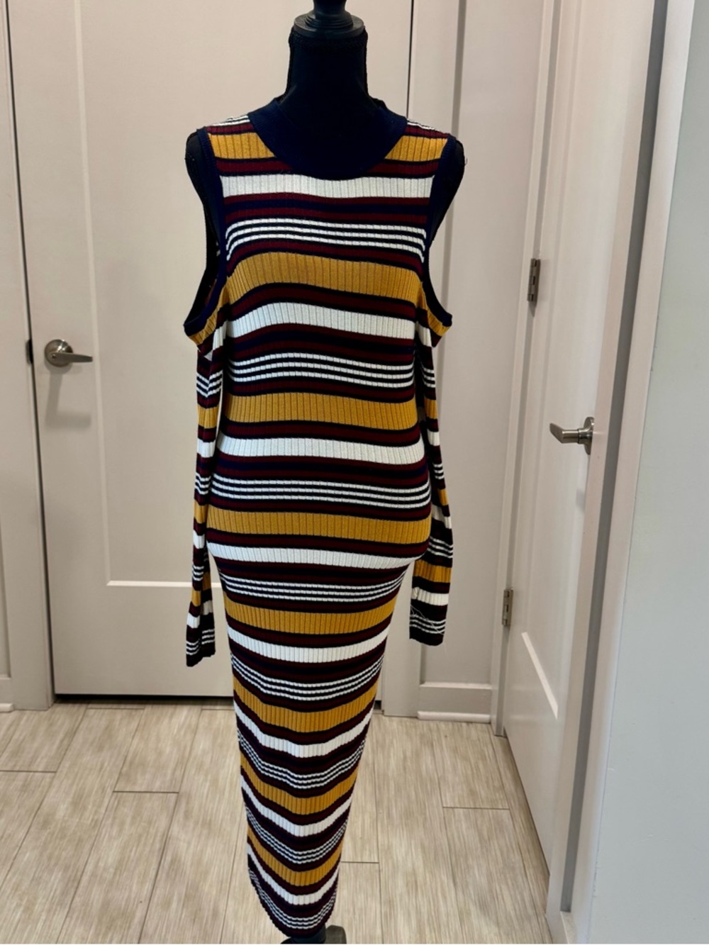 Striped Ribbed Knit Cold-Shoulder Maxi Dress